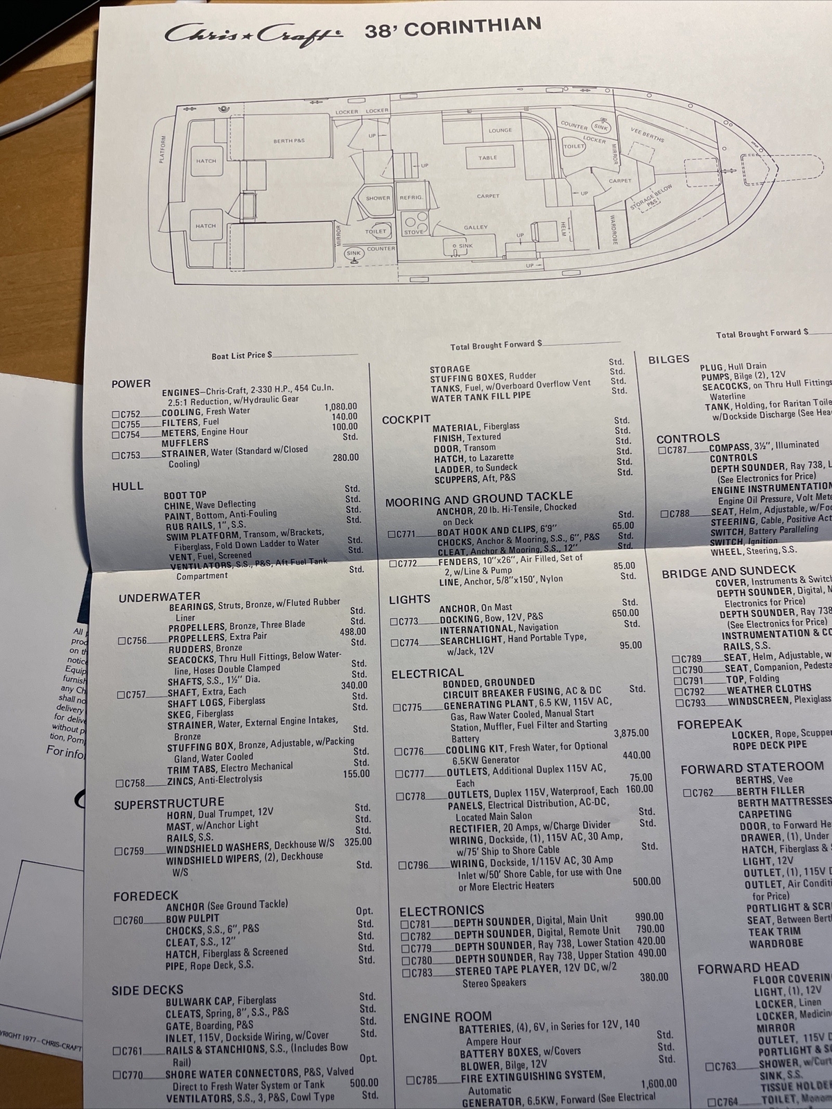 Chris Craft 1977 Vintage Corinthian 38 Yacht Brochure Package With Spec Sheet