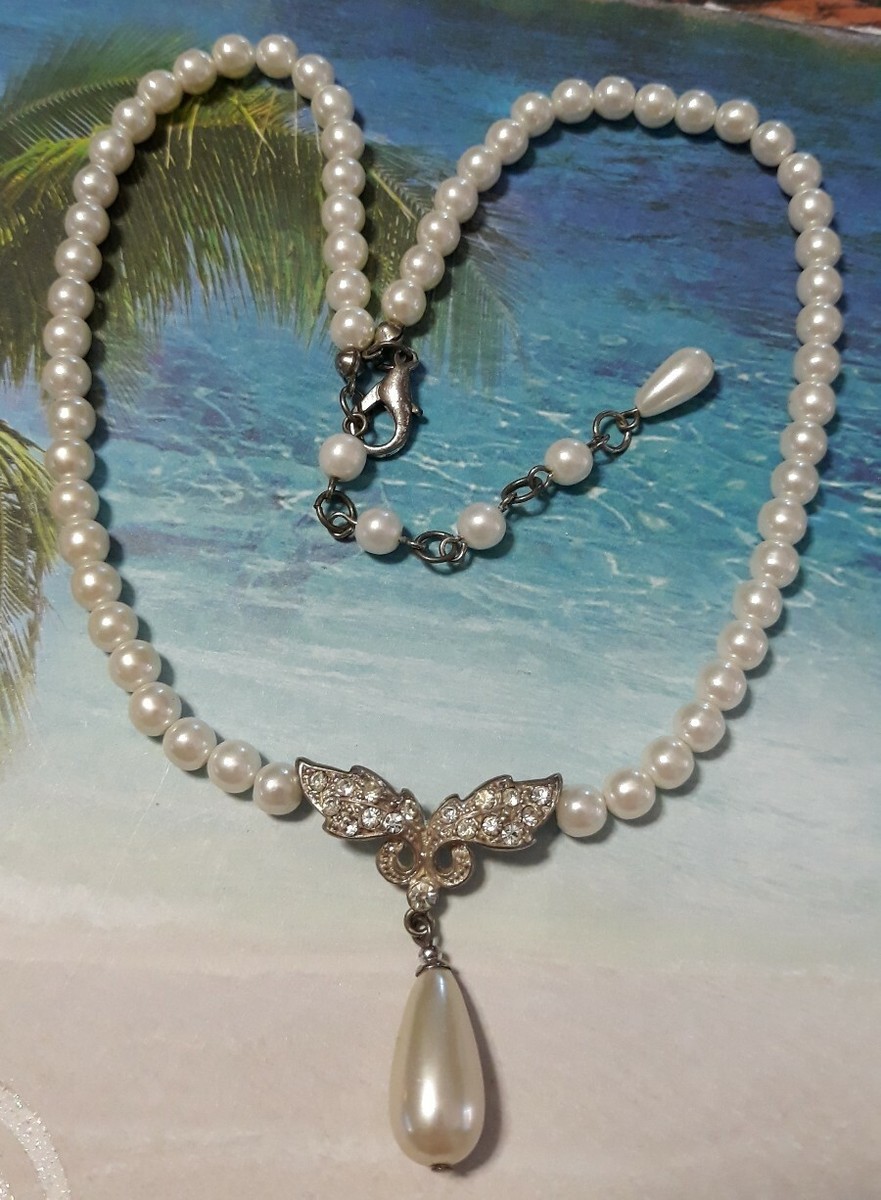 Vintage Rhinestone and Faux Pearl Teardrop Necklace | eBay