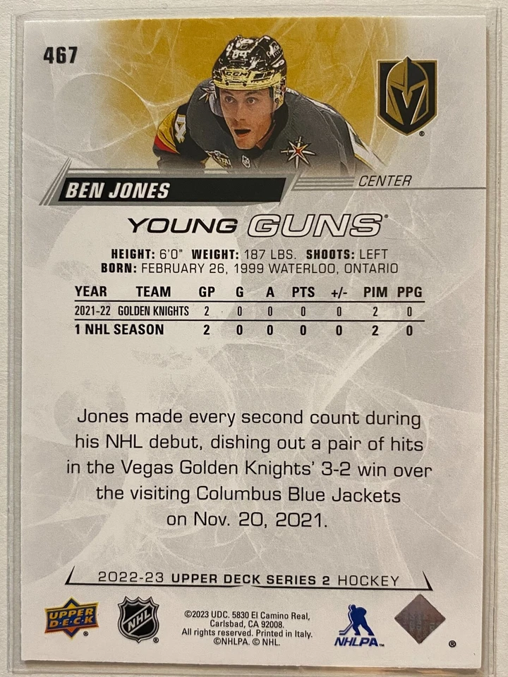 2022-23 Upper Deck #467 Ben Jones Young Guns Rookie YG RC - Image 2 of 2