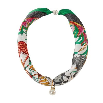 Women Silk Scarf Necklace Rhinestone Small Neckerchief Clavicle Chain Headdress