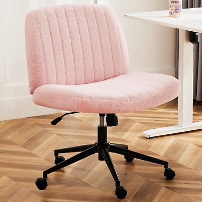Comfy Pink Fabric Armless Office Chair with Wheels Modern for