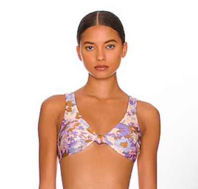 $150 Zimmermann Purple Floral Print Scoop Knot Bikini Top Swimwear Size  0/US2-4