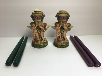 1993-DOUBLE GLORY TAIWAN LTD ANGELIC PAIR RESIN CHERUB TAPER CANDLE HOLDERS 