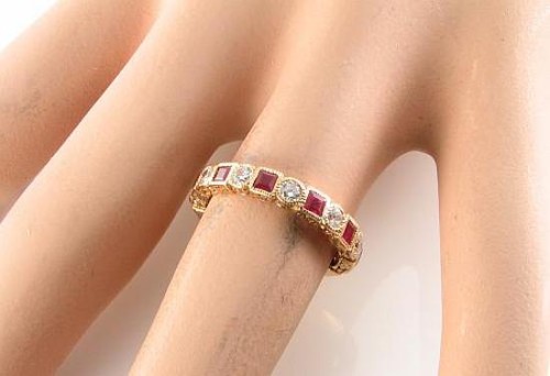 ENGAGEMENT 9K GOLD RUBY DIAMOND BAND FULL ETERNITY ART DECO INS RING Size 7.5 - Picture 5 of 6