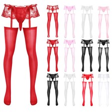 Mens Thigh High Stockings Crossdressing Lingerie Pantyhose Garter Belt Panties
