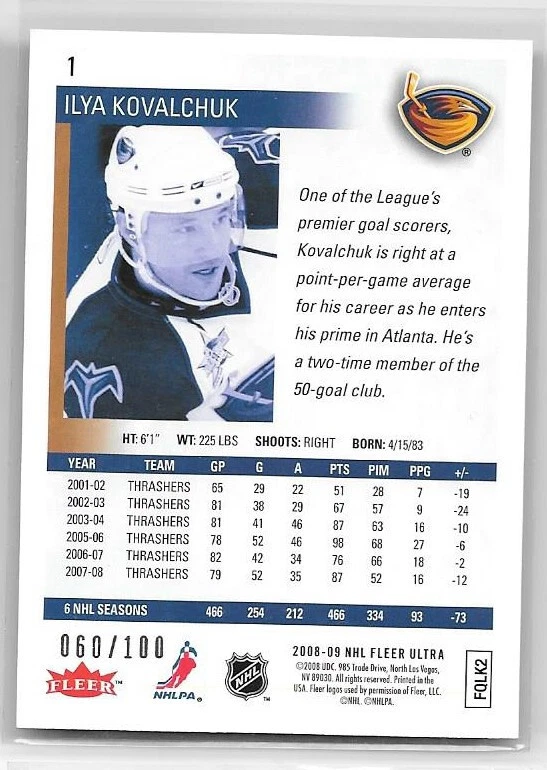 2008-09 Fleer Ultra Hockey Ice Medallion Parallel #1 Ilya Kovalchuk /100 - Image 2 of 2