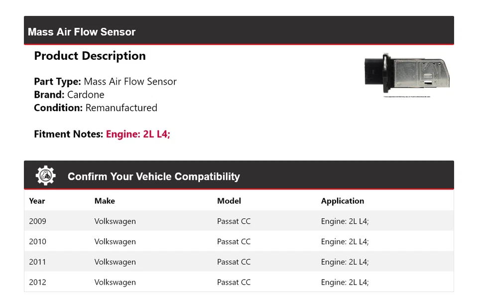 For 2009-2012 Volkswagen Passat CC 2L L4 Mass Air Flow Sensor Cardone 2010 2011 - Image 2 of 4