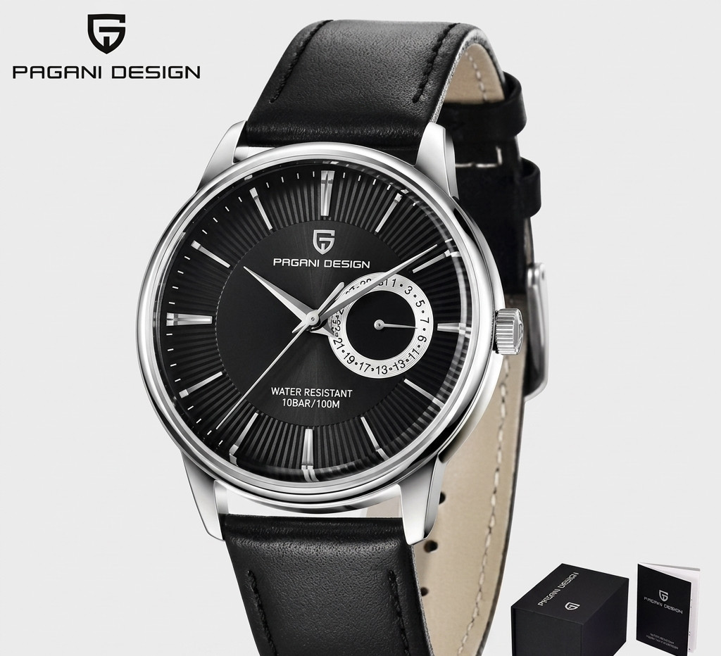 Montre Vintage Homme Quartz Pagani Design Bracelet Cuir Étanche Noir