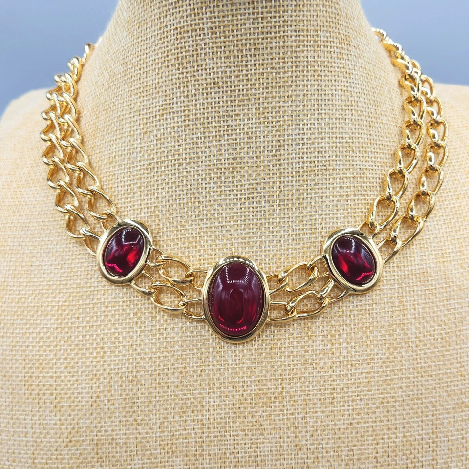 VTG New w/ Tag Napier MILANO Red Gripoix Cab Gold Tone Double Chain Necklace 16" - Image 2 of 4