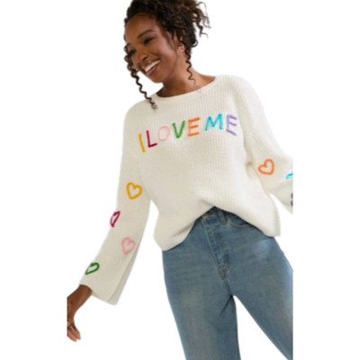 Francesca s I Love Me Sweater Small 4-8 White Hearts Graphic 3D Stitch Pullover