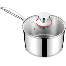 Stielkasserolle 18cm, 3-Lagen Edeastahl Kasserolle mit Glasdeckel, Kochtopf I...