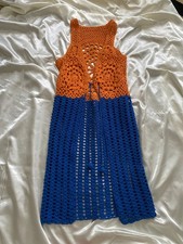 Vintage 1970s Blue  Orange Crochet Handmade Vest Hippie Festival Boho Unique