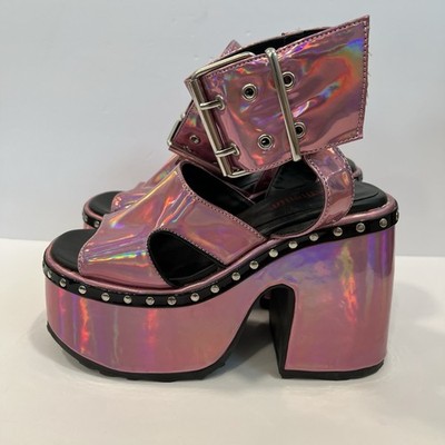 Demonia Camel 102 Stacked Pink Hologram Platform Sandals Punk Grunge Whimsygoth