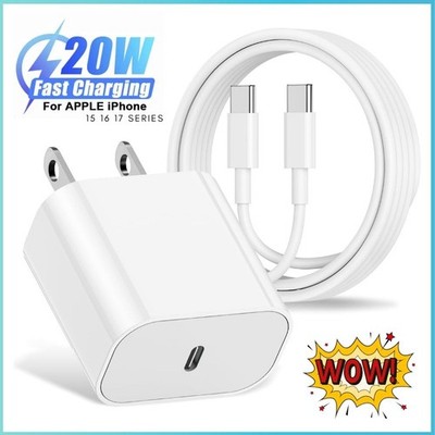 20W USB-C Fast Charger Type C Charging Cord For iPhone 15/16/17 Air/Pro Max/Plus