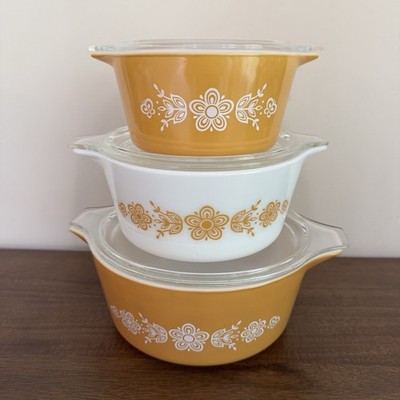 6 PC Vintage 1970's Pyrex BUTTERFLY GOLD  Casserole Dish Set w/Lids  470 474 475