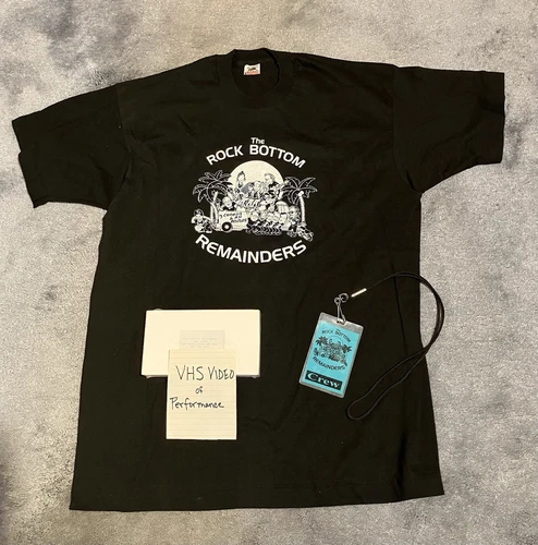Vintage 90s ROCK BOTTOM REMAINDERS Band Tee Shirt + VHS Perf. Video + Crew Pass