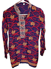 VTG India Embroidered Kurti Tunic Top Blouse Blue Red Gold Boho Womens Medium