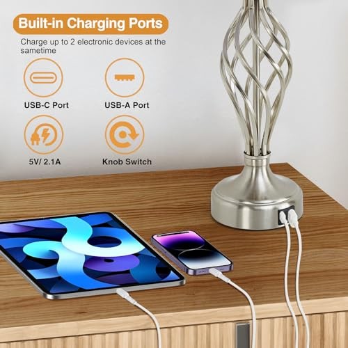 Nightstand Table Lamps for Bedrooms Set of 2 with USB C+A, Bedside Lamps with 