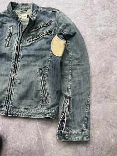 $599 Designer ENERGIE Men's Rare Blue Diesel Leather Trim Denim Jeans Jacket M - Picture 6 of 13