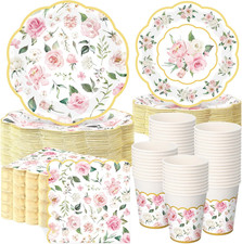 250 Pcs Floral Party Decorations Flower Paper Plates Napkins and Cups Pink and G