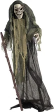 Life-Size Scary Skeleton Reaper Holding Staff Halloween Touch Activated Sound