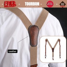 Tourbon Men's Suspenders Y Back Y-Shaped Button Clip Pants Braces Leather Patch