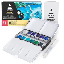 Watercolor Paint Set, 12 Ocean Tones Half Pans, Watercolor Set with Brush, Se...