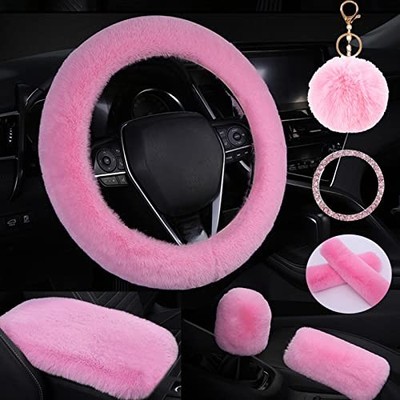 Cute Fluffy Steering Wheel Cover Set, Warm Soft Fur Fuzzy Covers for Pink