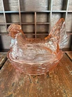 Vintage Pink Depression Glass Hen on Nest Covered Dish Large 7.75” Basket Weave