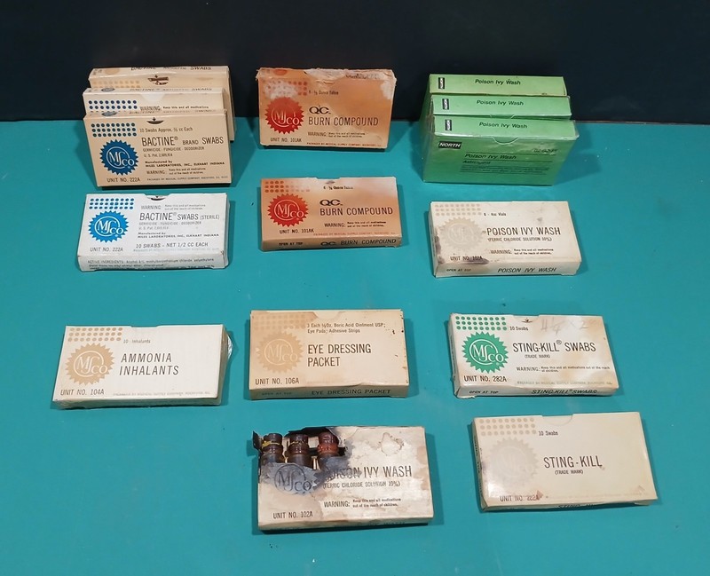 Vintage First Aid Kit Contents Only Collectible Poison Ivy Wash Sting Kill Swabs