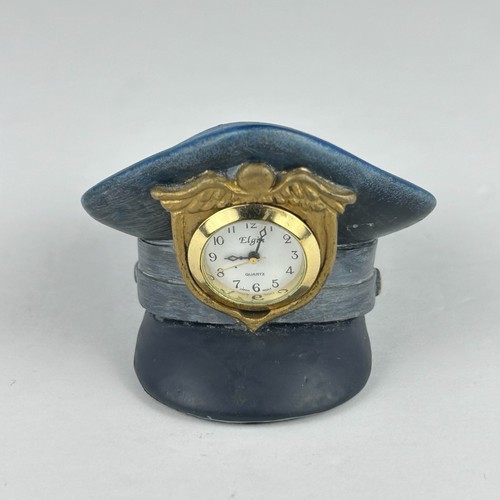 Vintage Elgin Police Hat Miniature Desk Clock Blue Gold Badge Law Enforcement - Picture 9 of 9