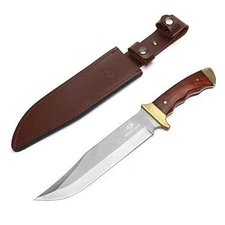 14" Bowie Knife Full-Tang Fixed Blade Wood Handle Leather Sheath Hunting Tool