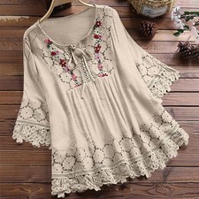 Plus Size 6-22 Womens Floral Lace Tunic Tops Ladies Casual Baggy T Shirt Blouse