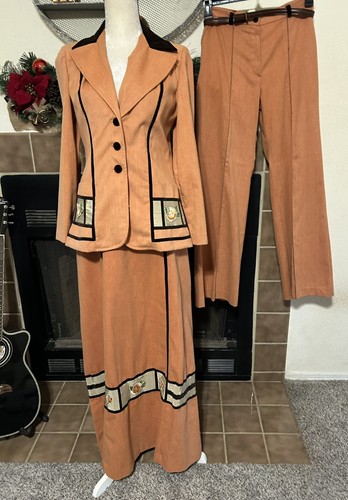 Vintage 70s Modern Juniors Peach Denim Velvet 3 piece set Blazer Skirt Pants