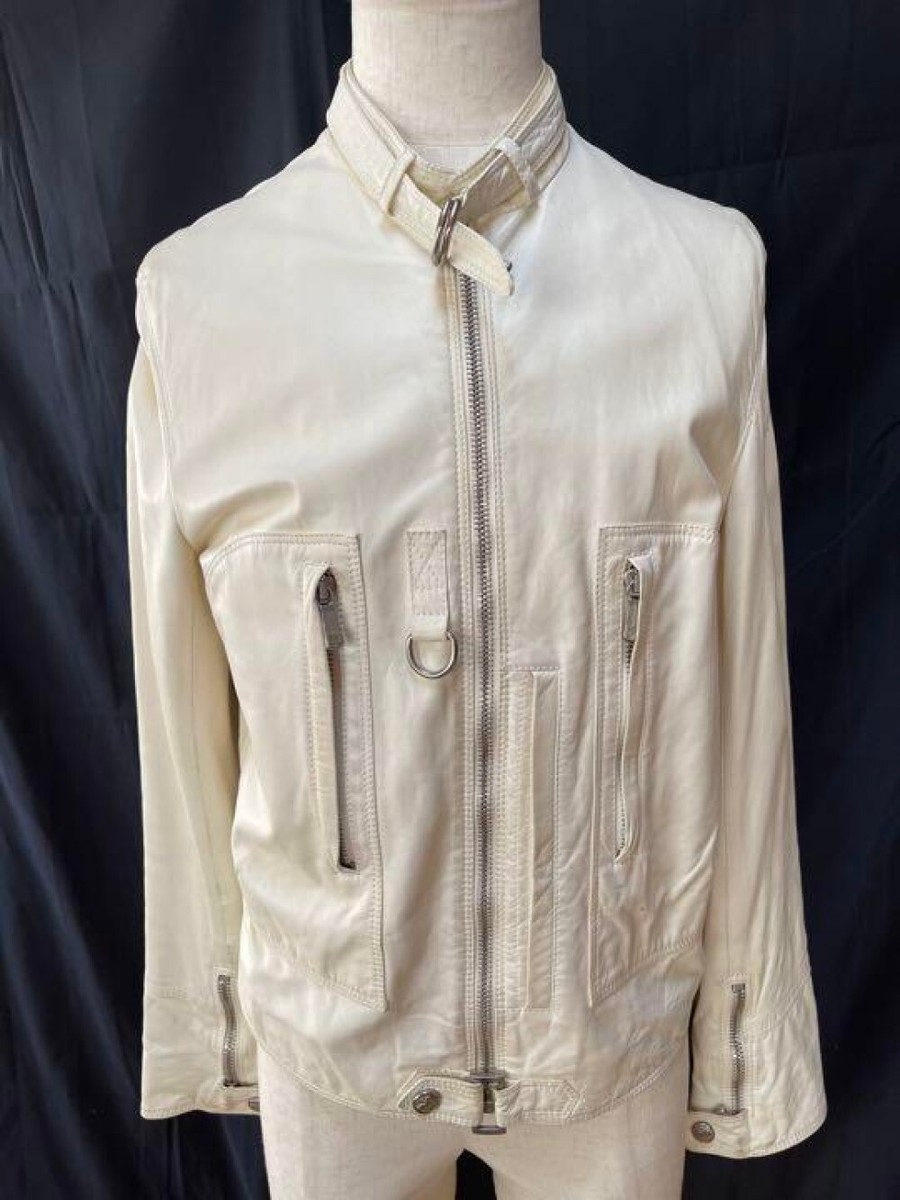 Rare Versace Men's White Leather Biker Jacket, Size 48, Half