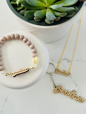 New 3 Pc GRANDMA Jewelry  HANDMADE Set Wood Bead Bracelet Necklace Keychain
