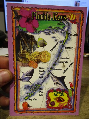 Z1 FLORIDA Postcard Keys Map Bahia Honda State Park Tavernier Marathon West Bay