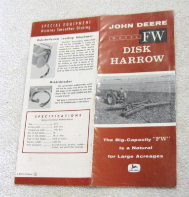VINTAGE 1957 JOHN DEERE FW TRACTOR DISK HARROW BROCHURE ALL MODELS