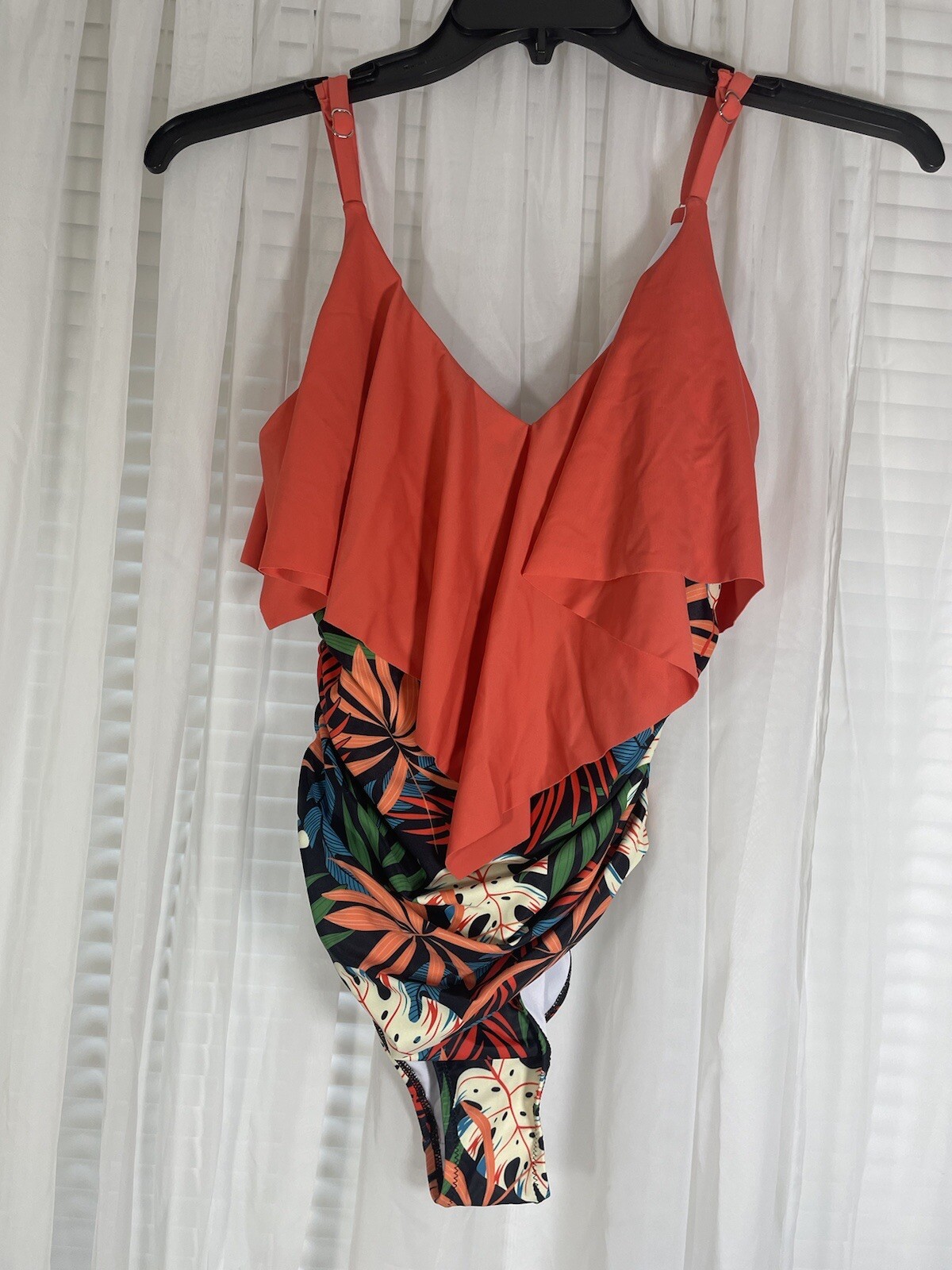 Floral V-Neck Ruched Swimsuit with Tummy Control Size S Coral Flounce Top-image