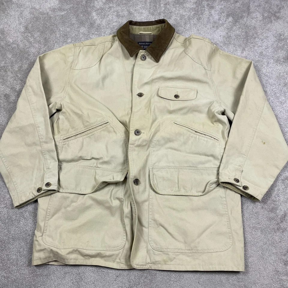 Chaqueta de safari grande Banana Republic de colección para hombre cuello de cuero de gran tamaño carga años 90
