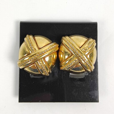 Vtg CINER Clip-on Earrings Button Dome w/ Gold Tone X Overlay