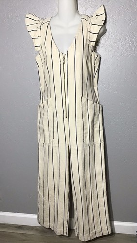 ANTHROPOLOGIE Women’s Cream And Navy Coverall Jumpsuit Pin Striped Size 10 - 第 1/13 張圖片