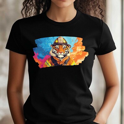 Frauen T-Shirt Tiger als Feuerwehrmann Motiv Baumwolle Größe S bis 3XL