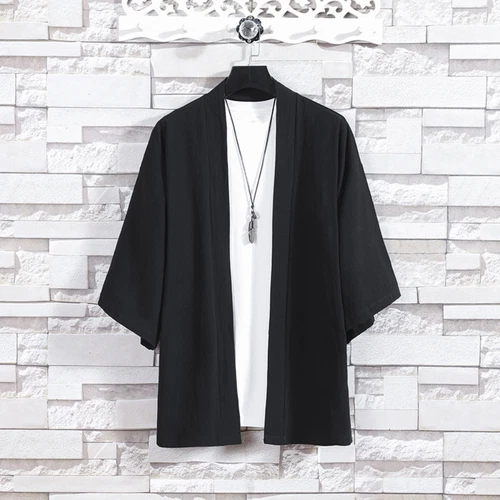 Men Casual Kimono Jacket Coat Tops 3/4 Sleeve Cotton Linen Japanese Cardigan Top - Bild 7 von 23