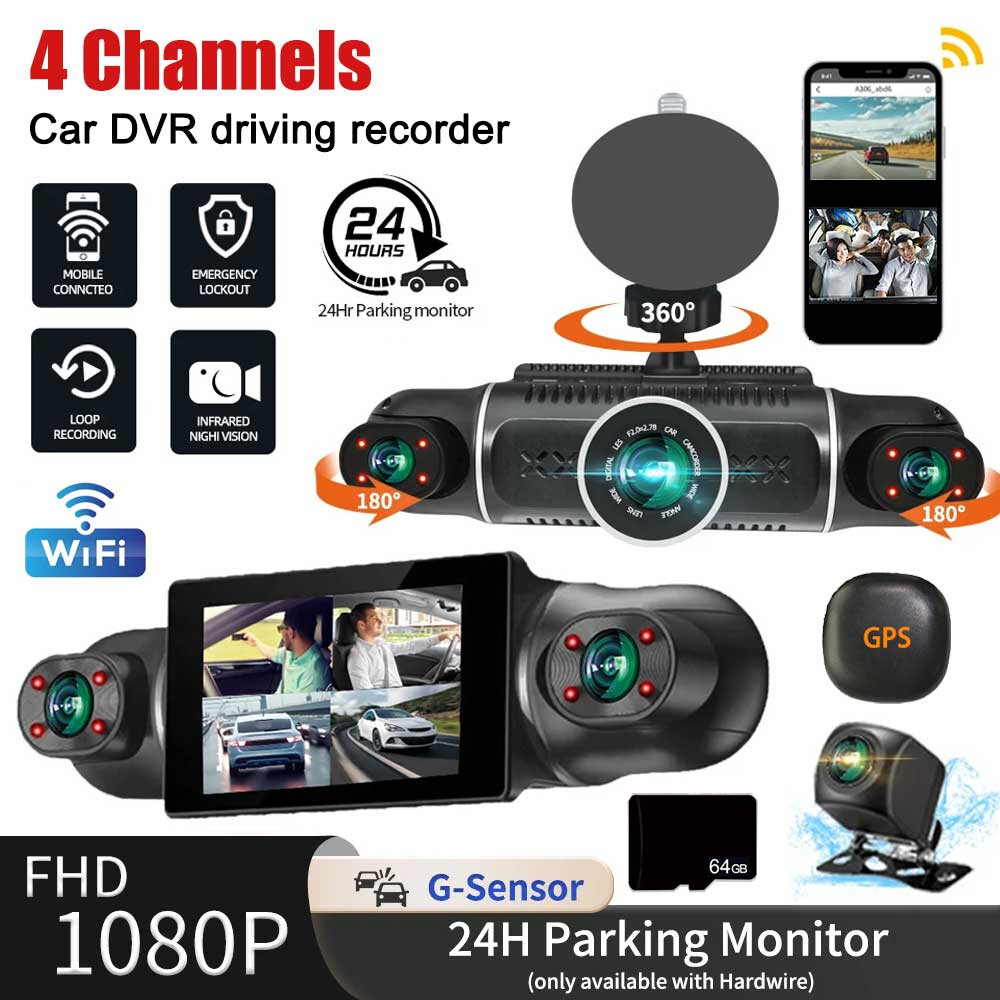 4-Channel Car DVR Dash Cam Video Recorder G-Sensor 1080P Front Rear Cameras 64GB