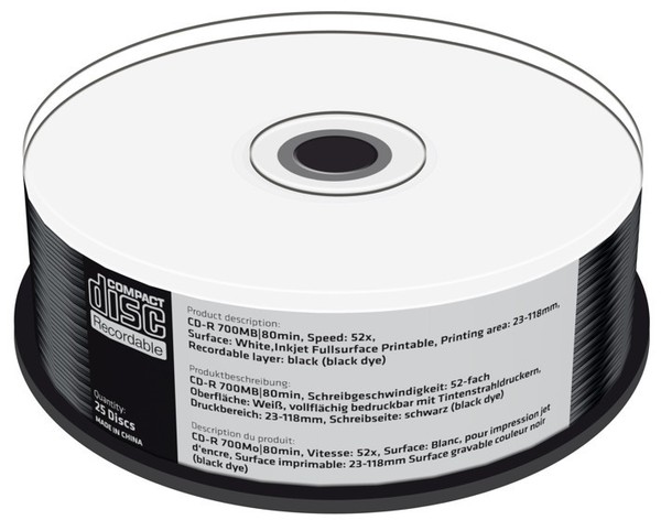 25 Mediarange Rohlinge CD-R Full Printable Black Dye 80Min 700MB 52X Spindel-image