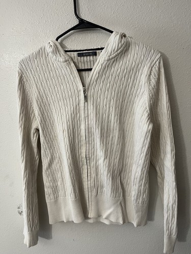 Liz Claiborne Women Large Zip Front Hoodie Sweater Cable Knit Cotton Blend Ivory