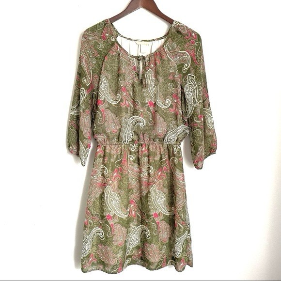 Banana Republic Women's Paisley Green Pink Short A-Line Dress Size 6 3/4 Sleeve