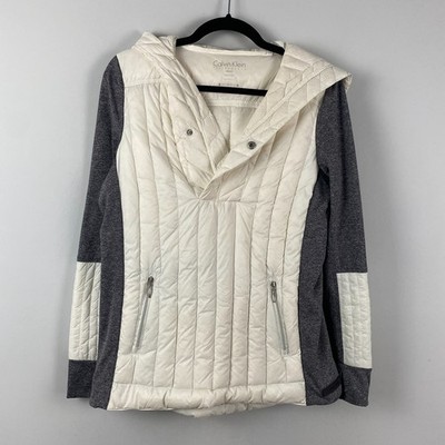 Calvin Klein Performance Down Puffer Jacket Pullover M Ivory Gray Hood Packable