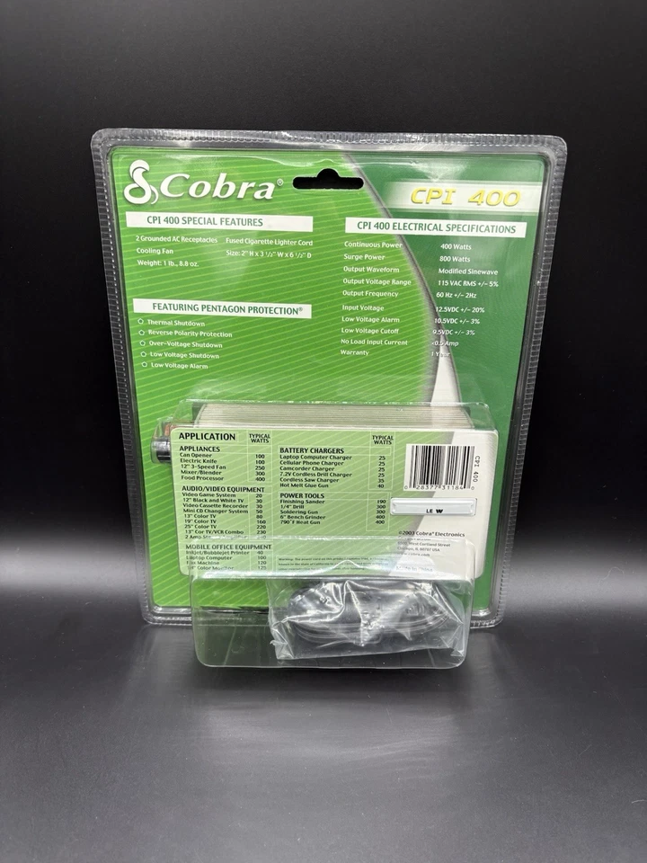 Cobra CPI 400 Portable Power Inverter - 400 Watt 2  AC Outlets - Image 2 of 2